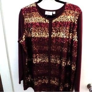 NEW QUACKER FACTORY Knit Jacket, Burgandy Stripe Sequin Details Button Down